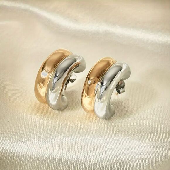 Naked Hanger Two Toned Chunky Hoop Stud Earrings